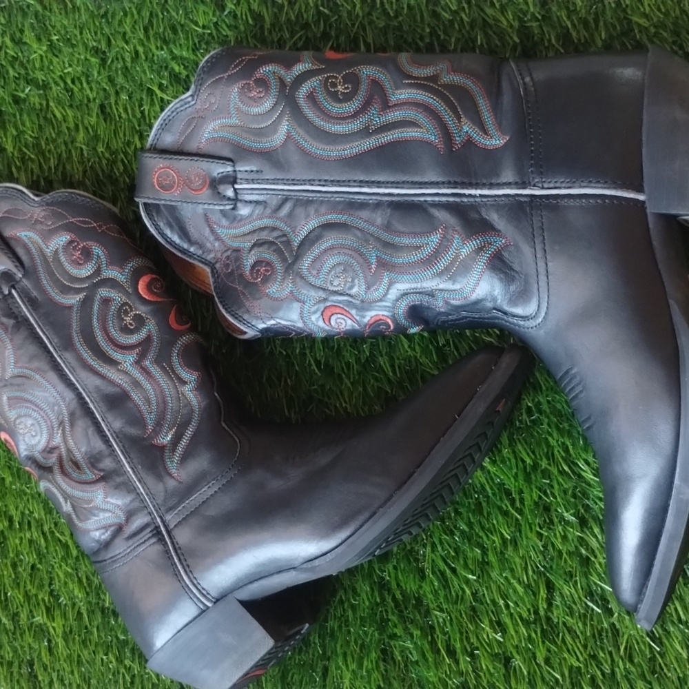 Tony Lama Western Heeled Boots Embroidered Black Red Turquoise Blue W7B